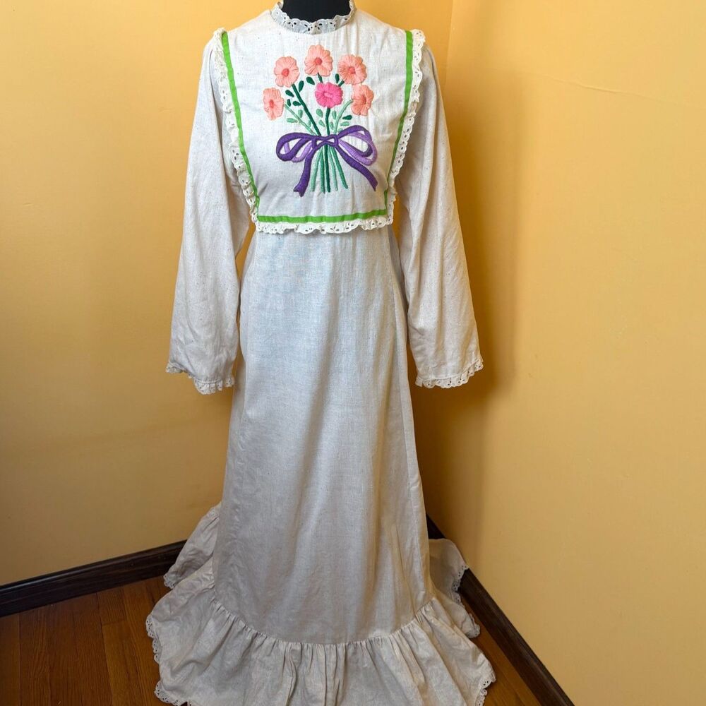 Vtg 70s Prairie Maxi Dress Embroidered Flower Child Boho Wedding Cottagecore